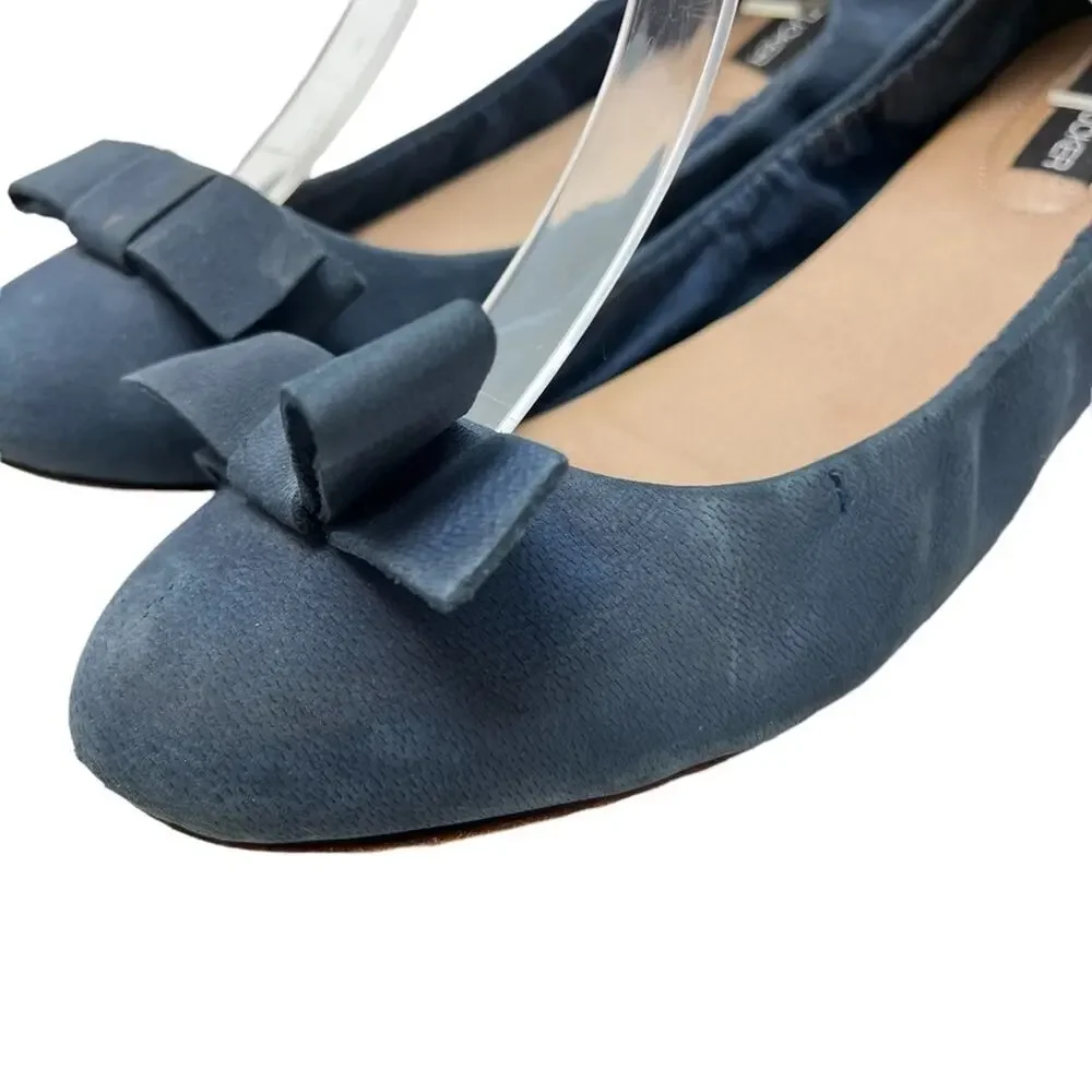 ADAM TUCKER Genuine Leather Navy Blue Suede Bow Ballet Flats Loafers Shoes 8.5